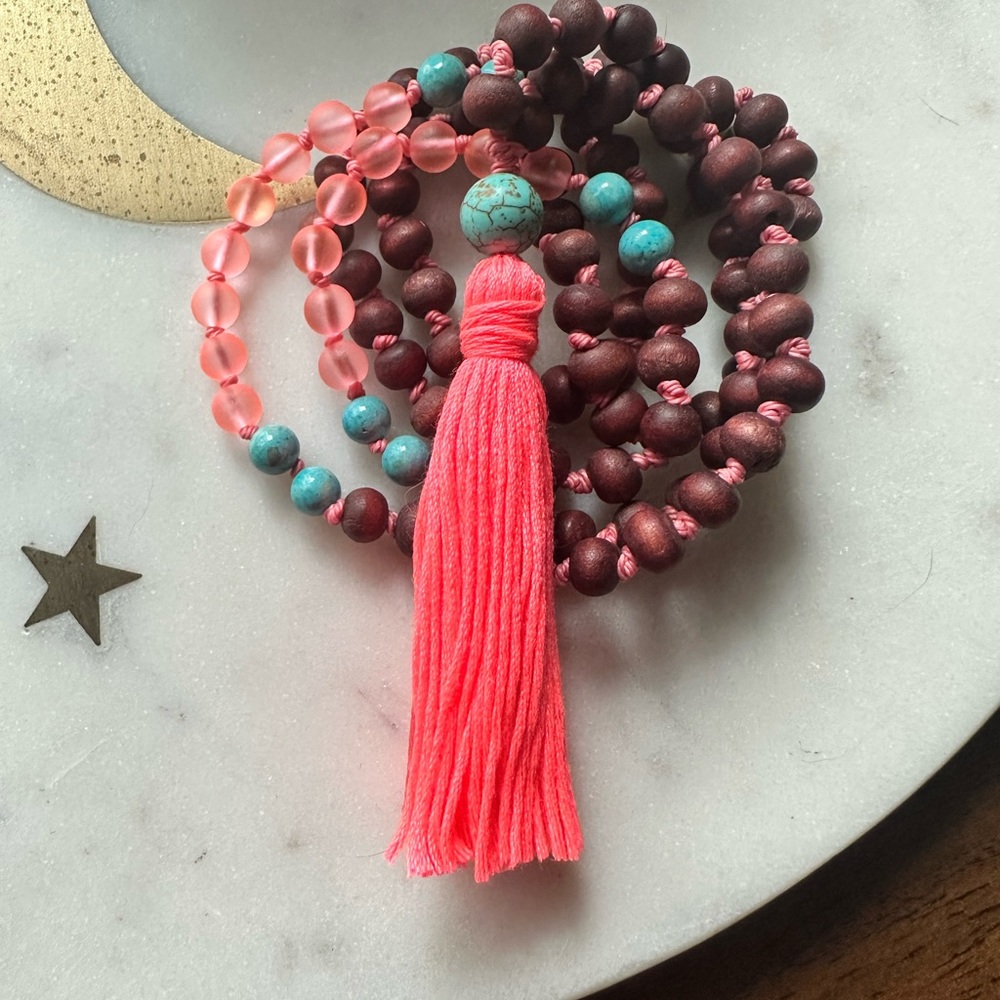 Vibrant Pink glass and wood hand knotted Japanese Mala with Tassel